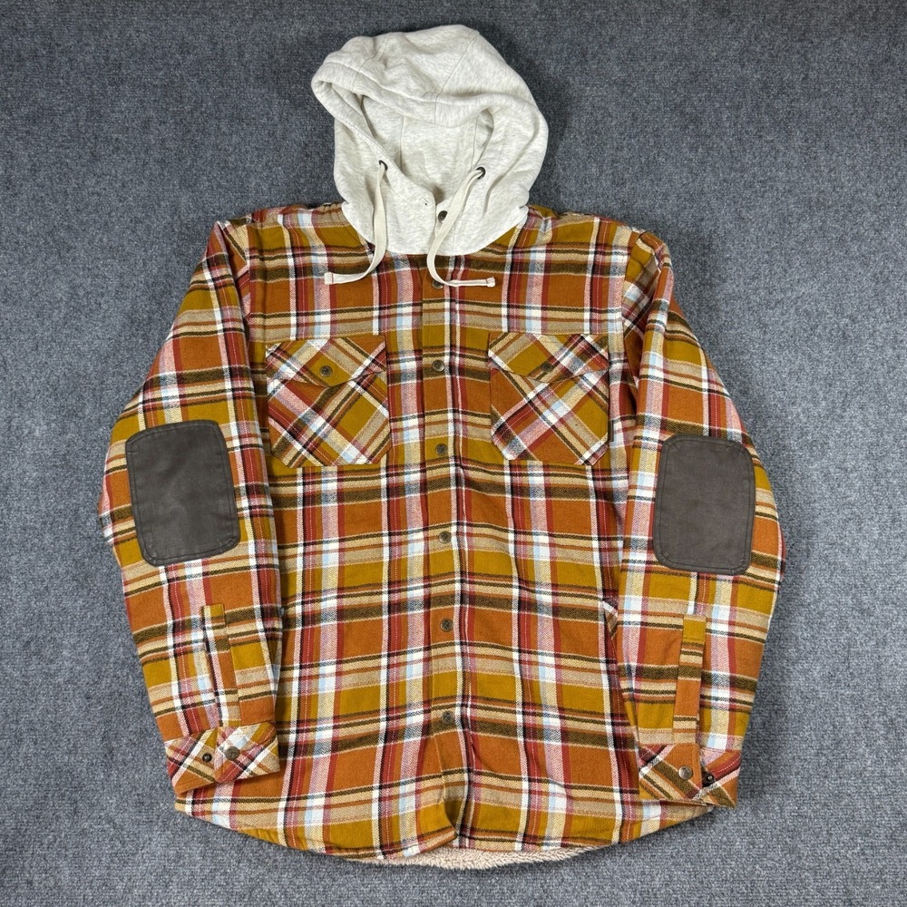 Legendary Whitetails Jacket Mens Large Orange Plaid Hooded Flannel Sherpa Coat